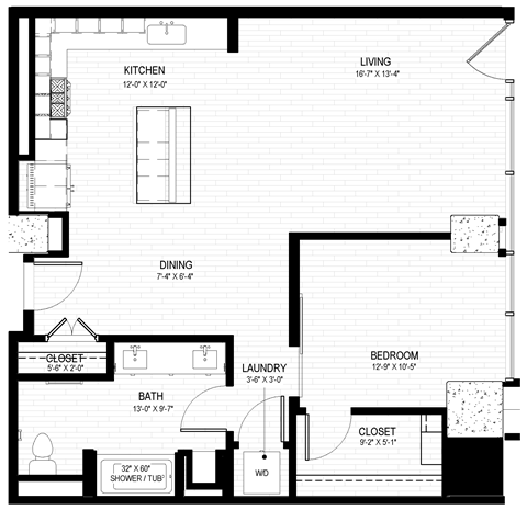 Floor plan for 1 bed, 1 bath, 925 sqft